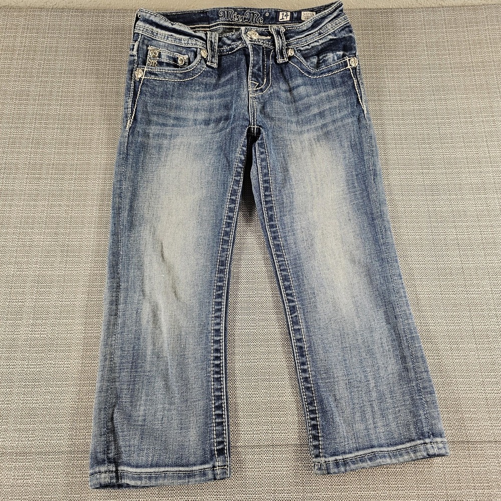 Miss Me Girls Jeans Youth 14 Blue Capri JK5772P Cross Embroidery Stretch Denim
